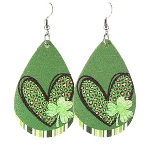 St. Patrick's Day Heart Print Teardrop Faux Leather Earrings